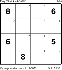 The grouppuzzles.com Easy Sudoku-4-5678 puzzle for Monday August 11, 2025 with the first 3 steps marked