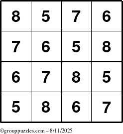 The grouppuzzles.com Answer grid for the Sudoku-4-5678 puzzle for Monday August 11, 2025