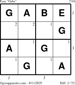 The grouppuzzles.com Easy Gabe puzzle for Monday August 11, 2025 with all 2 steps marked