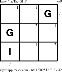 The grouppuzzles.com Easy TicTac-GHI puzzle for Monday August 11, 2025 with all 2 steps marked