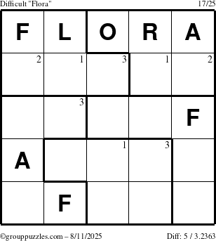 The grouppuzzles.com Difficult Flora puzzle for Monday August 11, 2025 with the first 3 steps marked