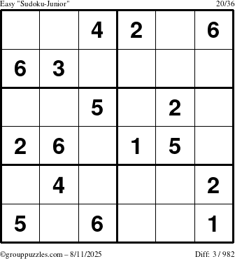 The grouppuzzles.com Easy Sudoku-Junior puzzle for Monday August 11, 2025