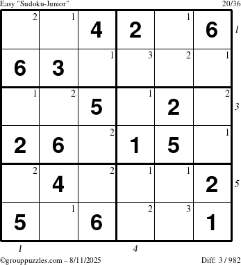The grouppuzzles.com Easy Sudoku-Junior puzzle for Monday August 11, 2025 with all 3 steps marked