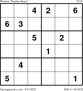 The grouppuzzles.com Medium Sudoku-Junior puzzle for Monday August 11, 2025