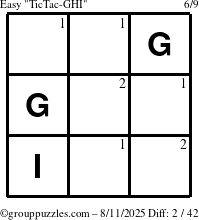 The grouppuzzles.com Easy TicTac-GHI puzzle for Monday August 11, 2025 with the first 2 steps marked