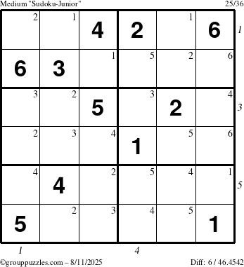 The grouppuzzles.com Medium Sudoku-Junior puzzle for Monday August 11, 2025, suitable for printing, with all 6 steps marked