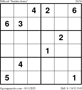 The grouppuzzles.com Difficult Sudoku-Junior puzzle for Monday August 11, 2025