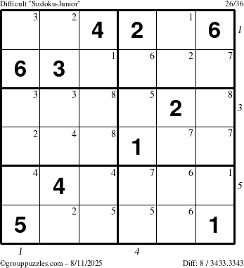 The grouppuzzles.com Difficult Sudoku-Junior puzzle for Monday August 11, 2025 with all 8 steps marked