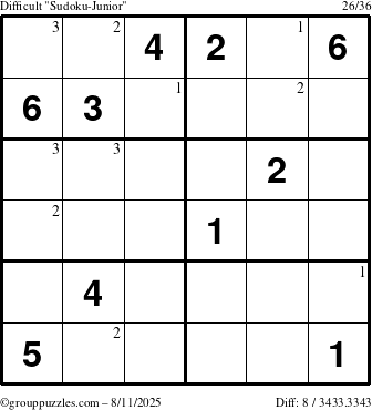 The grouppuzzles.com Difficult Sudoku-Junior puzzle for Monday August 11, 2025 with the first 3 steps marked