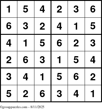 The grouppuzzles.com Answer grid for the Sudoku-Junior puzzle for Monday August 11, 2025