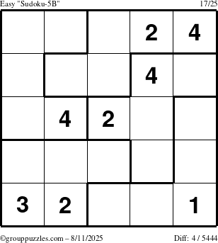 The grouppuzzles.com Easy Sudoku-5B puzzle for Monday August 11, 2025