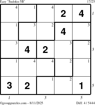 The grouppuzzles.com Easy Sudoku-5B puzzle for Monday August 11, 2025 with all 4 steps marked