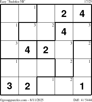 The grouppuzzles.com Easy Sudoku-5B puzzle for Monday August 11, 2025 with the first 3 steps marked