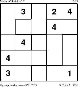 The grouppuzzles.com Medium Sudoku-5B puzzle for Monday August 11, 2025