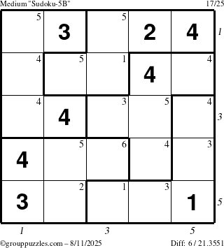 The grouppuzzles.com Medium Sudoku-5B puzzle for Monday August 11, 2025 with all 6 steps marked
