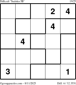 The grouppuzzles.com Difficult Sudoku-5B puzzle for Monday August 11, 2025