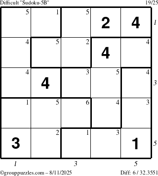 The grouppuzzles.com Difficult Sudoku-5B puzzle for Monday August 11, 2025, suitable for printing, with all 6 steps marked