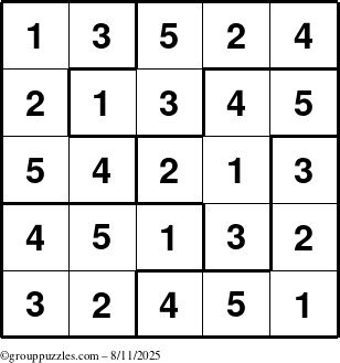 The grouppuzzles.com Answer grid for the Sudoku-5B puzzle for Monday August 11, 2025