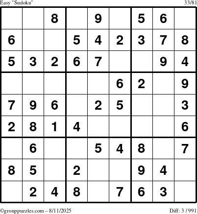 The grouppuzzles.com Easy Sudoku puzzle for Monday August 11, 2025