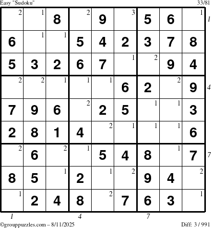 The grouppuzzles.com Easy Sudoku puzzle for Monday August 11, 2025, suitable for printing, with all 3 steps marked