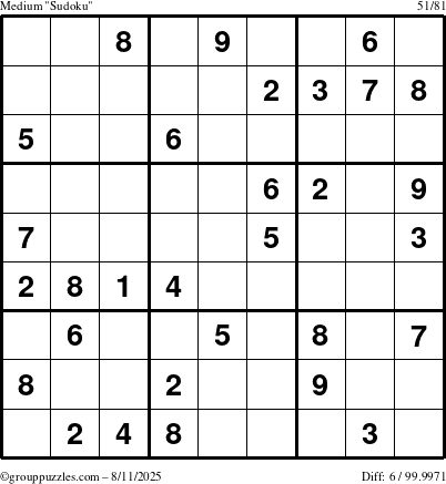 The grouppuzzles.com Medium Sudoku puzzle for Monday August 11, 2025