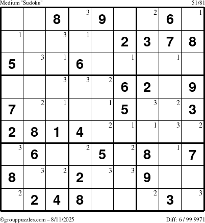 The grouppuzzles.com Medium Sudoku puzzle for Monday August 11, 2025 with the first 3 steps marked