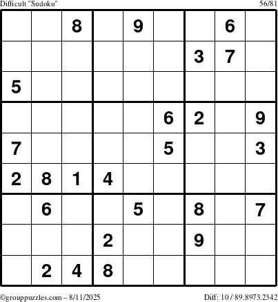 The grouppuzzles.com Difficult Sudoku puzzle for Monday August 11, 2025