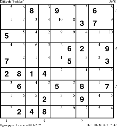 The grouppuzzles.com Difficult Sudoku puzzle for Monday August 11, 2025 with all 10 steps marked