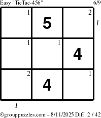The grouppuzzles.com Easy TicTac-456 puzzle for Monday August 11, 2025 with all 2 steps marked
