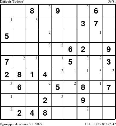 The grouppuzzles.com Difficult Sudoku puzzle for Monday August 11, 2025 with the first 3 steps marked