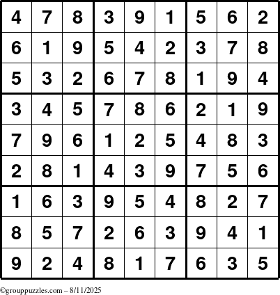The grouppuzzles.com Answer grid for the Sudoku puzzle for Monday August 11, 2025