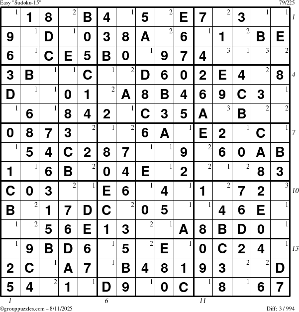 The grouppuzzles.com Easy Sudoku-15 puzzle for Monday August 11, 2025 with all 3 steps marked