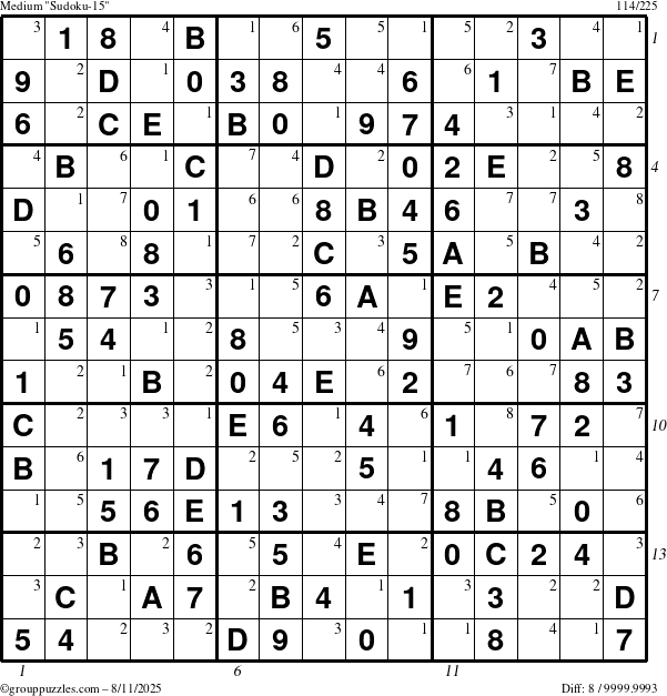 The grouppuzzles.com Medium Sudoku-15 puzzle for Monday August 11, 2025, suitable for printing, with all 8 steps marked
