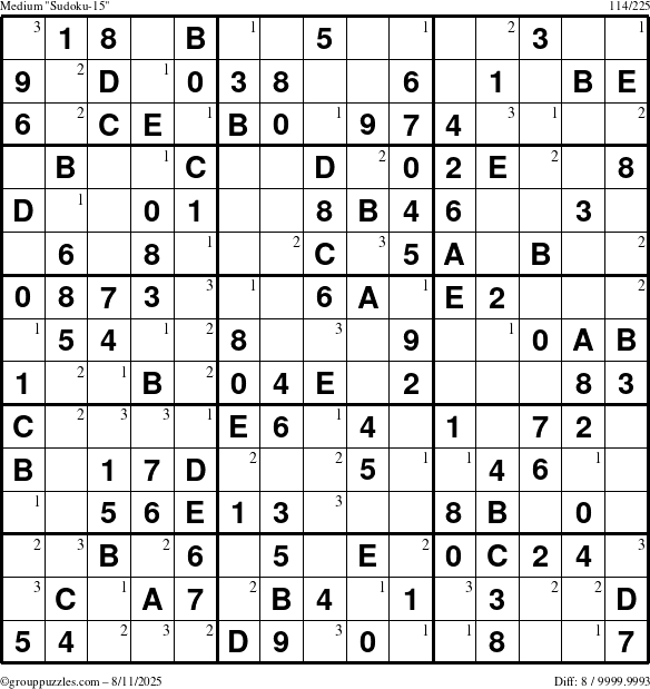 The grouppuzzles.com Medium Sudoku-15 puzzle for Monday August 11, 2025 with the first 3 steps marked