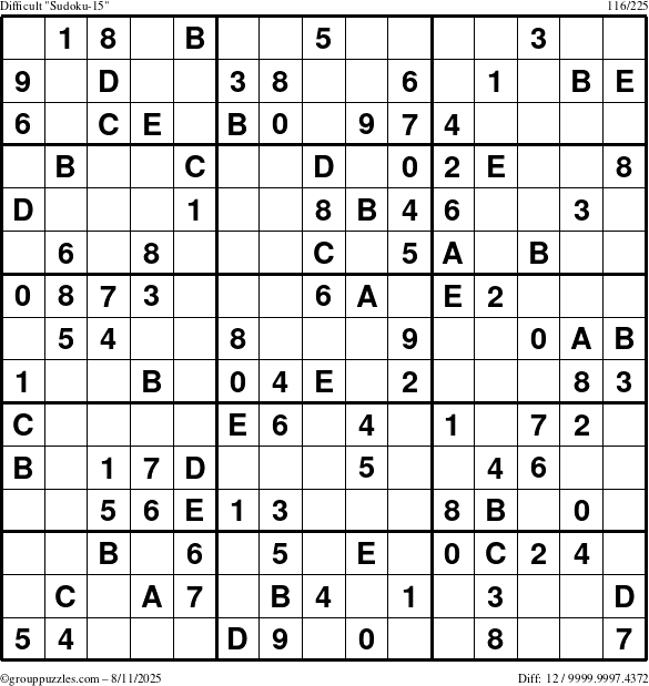 The grouppuzzles.com Difficult Sudoku-15 puzzle for Monday August 11, 2025