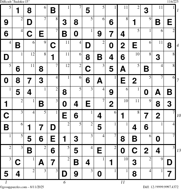 The grouppuzzles.com Difficult Sudoku-15 puzzle for Monday August 11, 2025 with all 12 steps marked