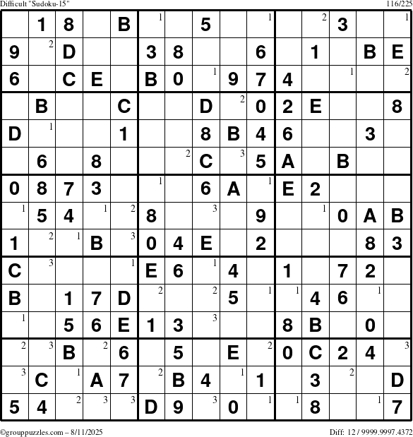 The grouppuzzles.com Difficult Sudoku-15 puzzle for Monday August 11, 2025 with the first 3 steps marked