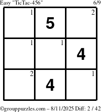 The grouppuzzles.com Easy TicTac-456 puzzle for Monday August 11, 2025 with the first 2 steps marked