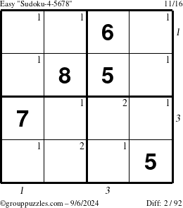 The grouppuzzles.com Easy Sudoku-4-5678 puzzle for Friday September 6, 2024, suitable for printing, with all 2 steps marked