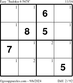 The grouppuzzles.com Easy Sudoku-4-5678 puzzle for Friday September 6, 2024 with the first 2 steps marked