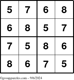 The grouppuzzles.com Answer grid for the Sudoku-4-5678 puzzle for Friday September 6, 2024