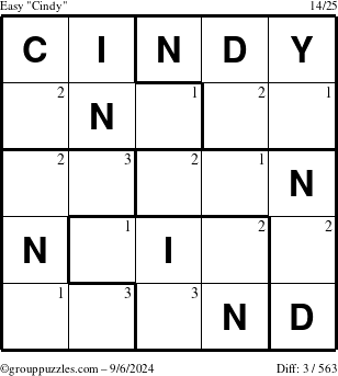 The grouppuzzles.com Easy Cindy puzzle for Friday September 6, 2024 with the first 3 steps marked