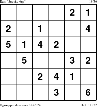 The grouppuzzles.com Easy Sudoku-6up puzzle for Friday September 6, 2024