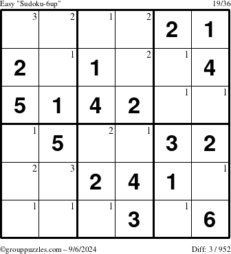 The grouppuzzles.com Easy Sudoku-6up puzzle for Friday September 6, 2024 with the first 3 steps marked