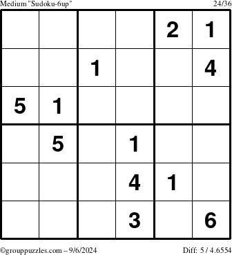 The grouppuzzles.com Medium Sudoku-6up puzzle for Friday September 6, 2024