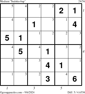 The grouppuzzles.com Medium Sudoku-6up puzzle for Friday September 6, 2024 with all 5 steps marked