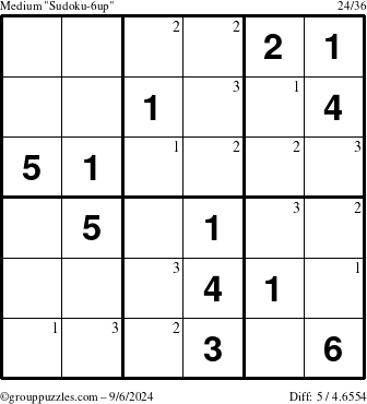 The grouppuzzles.com Medium Sudoku-6up puzzle for Friday September 6, 2024 with the first 3 steps marked