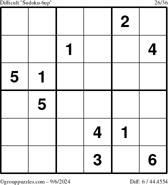 The grouppuzzles.com Difficult Sudoku-6up puzzle for Friday September 6, 2024