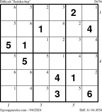 The grouppuzzles.com Difficult Sudoku-6up puzzle for Friday September 6, 2024 with all 6 steps marked