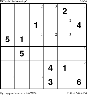 The grouppuzzles.com Difficult Sudoku-6up puzzle for Friday September 6, 2024 with the first 3 steps marked